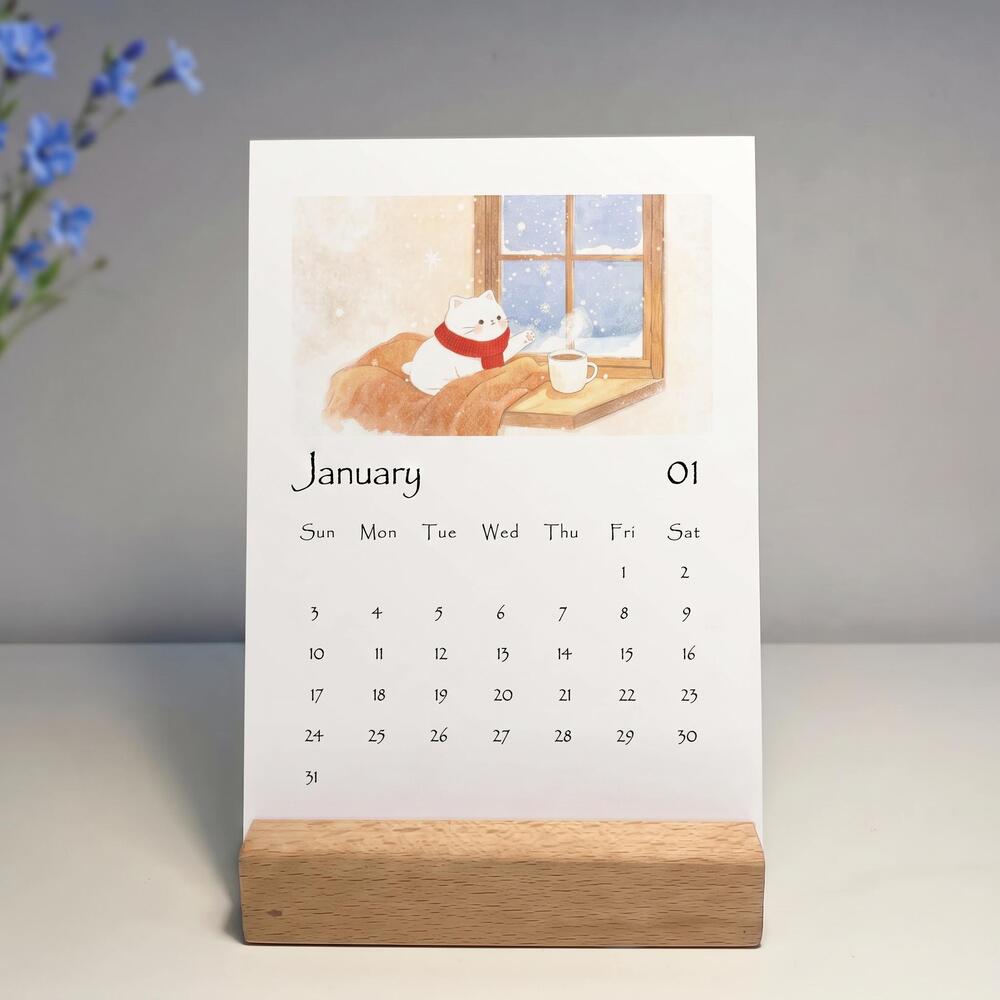 2027 Kawaii Cat Desk Calendar, Cute Illustrated Watercolor Art, 12 Month Single
